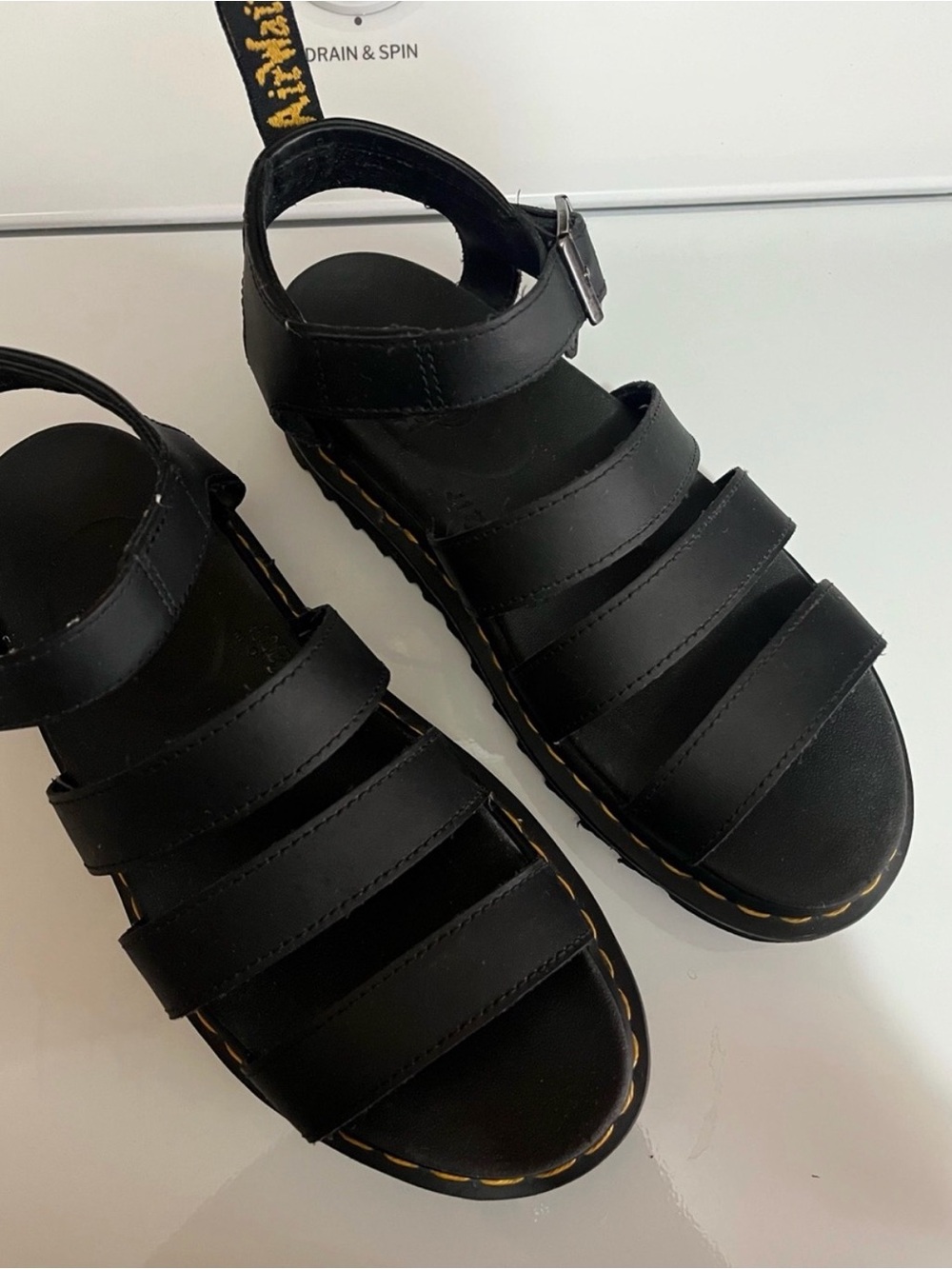 Dr. Martens Black Strappy Women's Sandals with Yellow Stitching